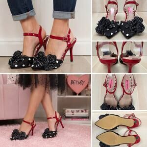 Betsey Johnson Neena Polka Dot Floral Ankle Strap Heels Sz 6.5 Pinup Rockabilly
